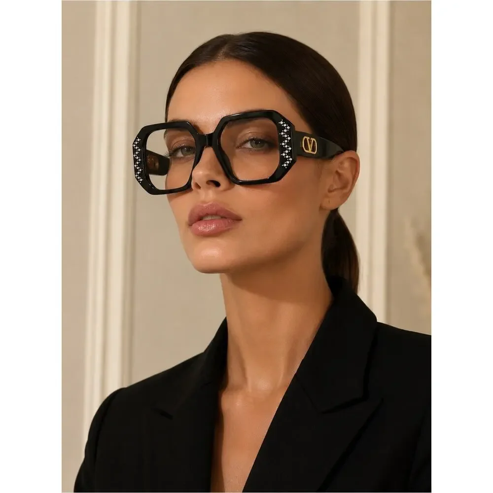 New Valentino VG0003O 004 Black Oversized Crystal-Embellished Square Eyeglasses